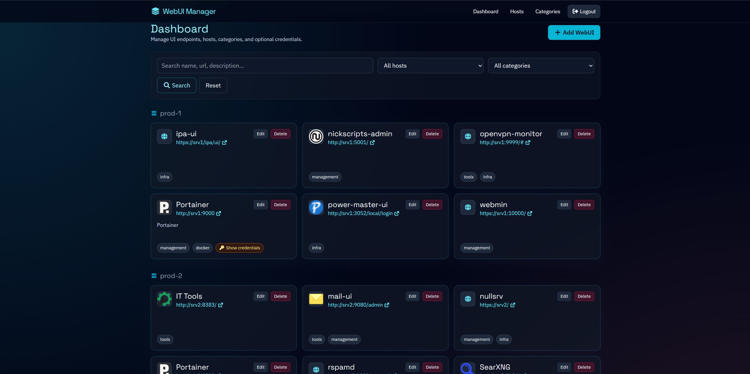 WebUI Manager - A self-hosted dashboard for your dashboards
